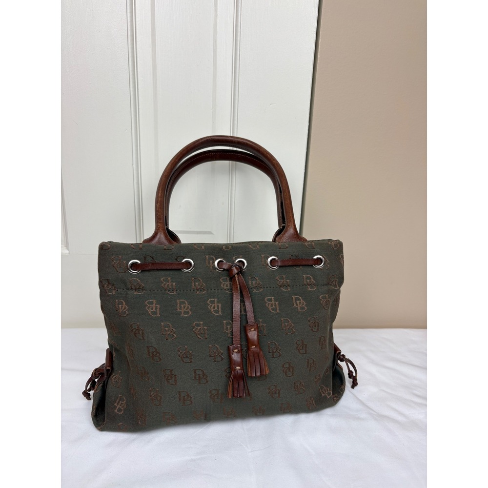 Vintage Dooney & Bourke Mini Tassel Canvas Tote Bag Olive Brown Monogram